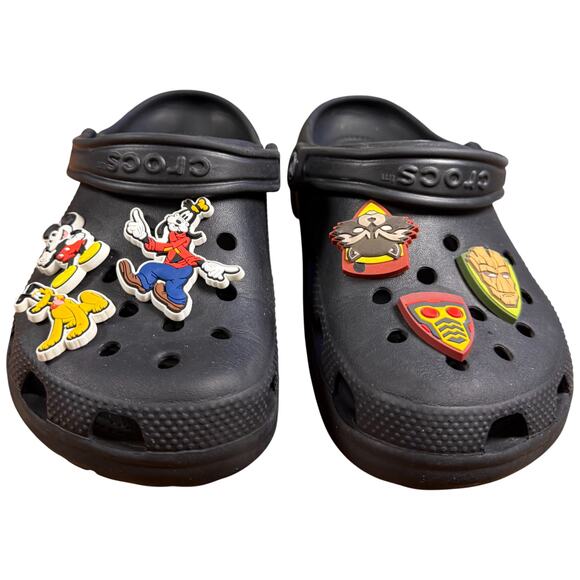 CROCS Size J5 Black Clogs Jibbitz Disney Mickey Goofy Marvel Guardian Galaxy - Picture 1 of 16